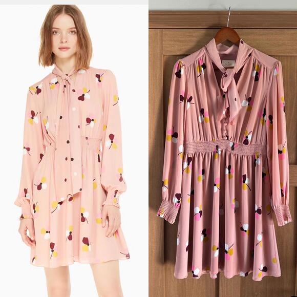 Kate Spade Dusk Buds Mix Print Pink Mini Dress Tie Neck Women’s size Large - Picture 1 of 14
